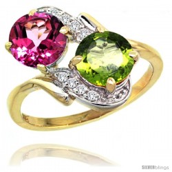 14k Gold ( 7 mm ) Double Stone Engagement Pink Topaz & Peridot Ring w/ 0.05 Carat Brilliant Cut Diamonds & 2.34 Carats Round