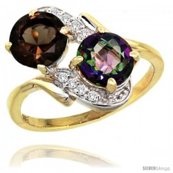 14k Gold ( 7 mm ) Double Stone Engagement Smoky & Mystic Topaz Ring w/ 0.05 Carat Brilliant Cut Diamonds & 2.34 Carats Round