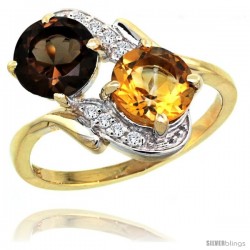 14k Gold ( 7 mm ) Double Stone Engagement Smoky Topaz & Citrine Ring w/ 0.05 Carat Brilliant Cut Diamonds & 2.34 Carats Round