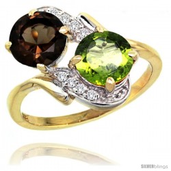 14k Gold ( 7 mm ) Double Stone Engagement Smoky Topaz & Peridot Ring w/ 0.05 Carat Brilliant Cut Diamonds & 2.34 Carats Round