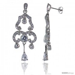 Sterling Silver CZ Chandelier Earrings w/ Pear Shape Drop, 2 in. (50 mm) tall