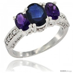 14k White Gold Ladies Oval Natural Blue Sapphire 3-Stone Ring with Amethyst Sides Diamond Accent