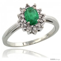 Sterling Silver Natural Emerald Diamond Halo Ring Oval Shape 1.2 Carat 6X4 mm, 1/2 in wide