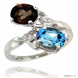 14k White Gold ( 8x6 mm ) Double Stone Engagement Swiss Blue & Smoky Topaz Ring w/ 0.04 Carat Brilliant Cut Diamonds & 2.34