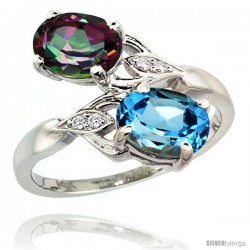 14k White Gold ( 8x6 mm ) Double Stone Engagement Swiss Blue & Mystic Topaz Ring w/ 0.04 Carat Brilliant Cut Diamonds & 2.34