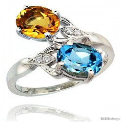 14k White Gold ( 8x6 mm ) Double Stone Engagement Swiss Blue Topaz & Citrine Ring w/ 0.04 Carat Brilliant Cut Diamonds & 2.34