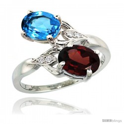 14k White Gold ( 8x6 mm ) Double Stone Engagement Swiss Blue Topaz & Garnet Ring w/ 0.04 Carat Brilliant Cut Diamonds & 2.34