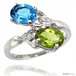 14k White Gold ( 8x6 mm ) Double Stone Engagement Swiss Blue Topaz & Peridot Ring w/ 0.04 Carat Brilliant Cut Diamonds & 2.34