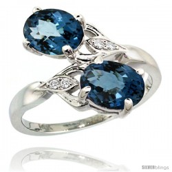 14k White Gold ( 8x6 mm ) Double Stone Engagement London Blue Topaz Ring w/ 0.04 Carat Brilliant Cut Diamonds & 2.34 Carats