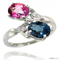 14k White Gold ( 8x6 mm ) Double Stone Engagement London Blue & Pink Topaz Ring w/ 0.04 Carat Brilliant Cut Diamonds & 2.34