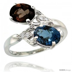 14k White Gold ( 8x6 mm ) Double Stone Engagement London Blue & Smoky Topaz Ring w/ 0.04 Carat Brilliant Cut Diamonds & 2.34