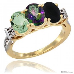 10K Yellow Gold Natural Green Amethyst, Mystic Topaz & Black Onyx Ring 3-Stone Oval 7x5 mm Diamond Accent