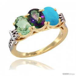 10K Yellow Gold Natural Green Amethyst, Mystic Topaz & Turquoise Ring 3-Stone Oval 7x5 mm Diamond Accent