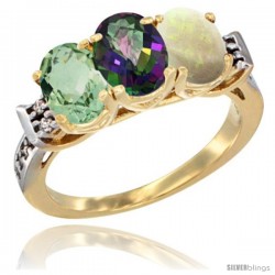 10K Yellow Gold Natural Green Amethyst, Mystic Topaz & Opal Ring 3-Stone Oval 7x5 mm Diamond Accent