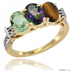 10K Yellow Gold Natural Green Amethyst, Mystic Topaz & Tiger Eye Ring 3-Stone Oval 7x5 mm Diamond Accent