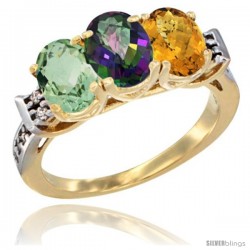 10K Yellow Gold Natural Green Amethyst, Mystic Topaz & Whisky Quartz Ring 3-Stone Oval 7x5 mm Diamond Accent