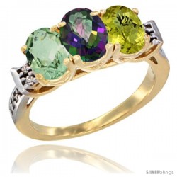 10K Yellow Gold Natural Green Amethyst, Mystic Topaz & Lemon Quartz Ring 3-Stone Oval 7x5 mm Diamond Accent