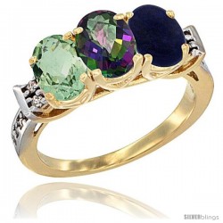 10K Yellow Gold Natural Green Amethyst, Mystic Topaz & Lapis Ring 3-Stone Oval 7x5 mm Diamond Accent