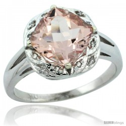 10k White Gold Diamond Halo Morganite Ring 2.7 ct Checkerboard Cut Cushion Shape 8 mm, 1/2 in wide