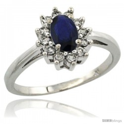 Sterling Silver Natural Blue Sapphire Diamond Halo Ring Oval Shape 1.2 Carat 6X4 mm, 1/2 in wide