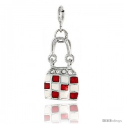 Sterling Silver Jeweled Purse Pendant, Red & White Enamel, w/ CZ Stones, 13/16 in. (21 mm)