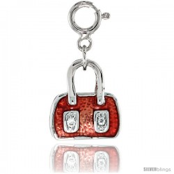 Sterling Silver Jeweled Purse Pendant, Orange-Red Enamel, w/ CZ Stones, 9/16 in. (14 mm)