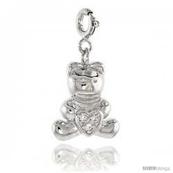 Sterling Silver Jeweled Teddy Bear Pendant, w/ Heart & Cubic Zirconia, 11/16 in. (18 mm)