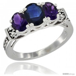 14K White Gold Natural Blue Sapphire & Amethyst Ring 3-Stone Oval with Diamond Accent