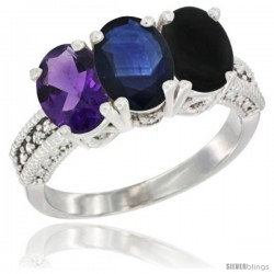 14K White Gold Natural Amethyst, Blue Sapphire & Black Onyx Ring 3-Stone 7x5 mm Oval Diamond Accent