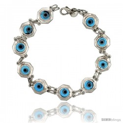 Sterling Silver Translucent Blue Color Evil Eye Bracelet, 3/8 in (10 mm) wide -Style Eib304