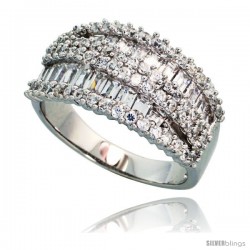 Sterling Silver Cigar Band Cocktail Cubic Zirconia Ring with High Quality Brilliant & Baguette Cut Stones, 1/2 in (12 mm) wide