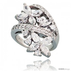 Sterling Silver Flower Garden Cubic Zirconia Ring with 1/4 carat size Marquise Cut Stones, 1 1/8 in (28 mm) wide