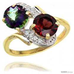 14k Gold ( 7 mm ) Double Stone Engagement Mystic Topaz & Garnet Ring w/ 0.05 Carat Brilliant Cut Diamonds & 2.34 Carats Round