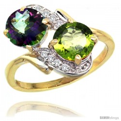 14k Gold ( 7 mm ) Double Stone Engagement Mystic Topaz & Peridot Ring w/ 0.05 Carat Brilliant Cut Diamonds & 2.34 Carats Round