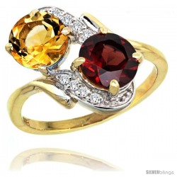 14k Gold ( 7 mm ) Double Stone Engagement Citrine & Garnet Ring w/ 0.05 Carat Brilliant Cut Diamonds & 2.34 Carats Round