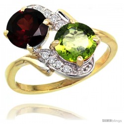 14k Gold ( 7 mm ) Double Stone Engagement Garnet & Peridot Ring w/ 0.05 Carat Brilliant Cut Diamonds & 2.34 Carats Round