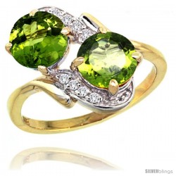 14k Gold ( 7 mm ) Double Stone Engagement Peridot Ring w/ 0.05 Carat Brilliant Cut Diamonds & 2.34 Carats Round Stones, 3/4 in