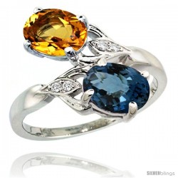 14k White Gold ( 8x6 mm ) Double Stone Engagement London Blue Topaz & Citrine Ring w/ 0.04 Carat Brilliant Cut Diamonds & 2.34