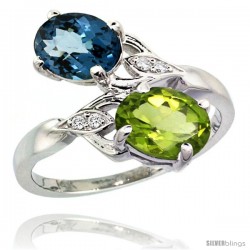 14k White Gold ( 8x6 mm ) Double Stone Engagement London Blue Topaz & Peridot Ring w/ 0.04 Carat Brilliant Cut Diamonds & 2.34