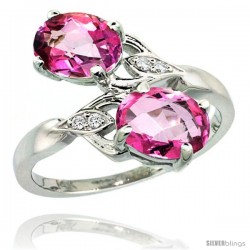 14k White Gold ( 8x6 mm ) Double Stone Engagement Pink Topaz Ring w/ 0.04 Carat Brilliant Cut Diamonds & 2.34 Carats Oval Cut