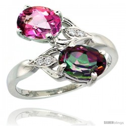 14k White Gold ( 8x6 mm ) Double Stone Engagement Pink & Mystic Topaz Ring w/ 0.04 Carat Brilliant Cut Diamonds & 2.34 Carats