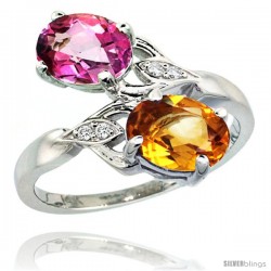 14k White Gold ( 8x6 mm ) Double Stone Engagement Pink Topaz & Citrine Ring w/ 0.04 Carat Brilliant Cut Diamonds & 2.34 Carats