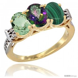 10K Yellow Gold Natural Green Amethyst, Mystic Topaz & Malachite Ring 3-Stone Oval 7x5 mm Diamond Accent