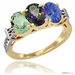 10K Yellow Gold Natural Green Amethyst, Mystic Topaz & Tanzanite Ring 3-Stone Oval 7x5 mm Diamond Accent