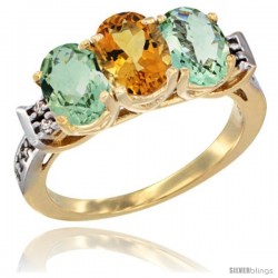 10K Yellow Gold Natural Citrine & Green Amethyst Sides Ring 3-Stone Oval 7x5 mm Diamond Accent