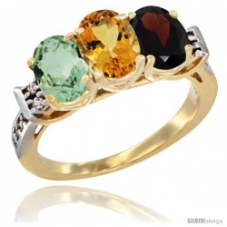 10K Yellow Gold Natural Green Amethyst, Citrine & Garnet Ring 3-Stone Oval 7x5 mm Diamond Accent