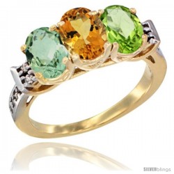 10K Yellow Gold Natural Green Amethyst, Citrine & Peridot Ring 3-Stone Oval 7x5 mm Diamond Accent