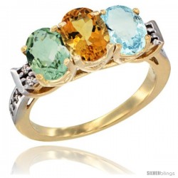 10K Yellow Gold Natural Green Amethyst, Citrine & Aquamarine Ring 3-Stone Oval 7x5 mm Diamond Accent