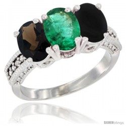 10K White Gold Natural Smoky Topaz, Emerald & Black Onyx Ring 3-Stone Oval 7x5 mm Diamond Accent