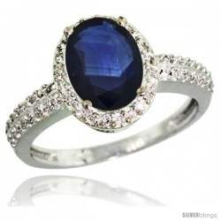 Sterling Silver Diamond Blue Sapphire Ring Oval Stone 9x7 mm 1.76 ct 1/2 in wide